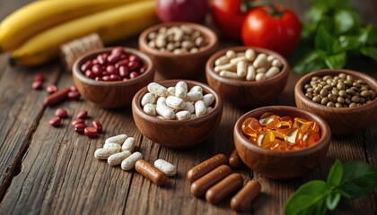 Fototapeta premium A variety of healthy food supplements and fresh produce on a wooden table