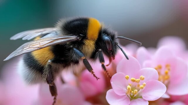 Bumblebee Buzzing on Blossom: Witness the intricate details of a bumblebee as it delicately navigates a vibrant pink blossom.