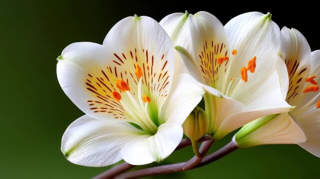 Elegant White Lily: Close-up of delicate white lily flowers with striking patterns. The pure and elegant petals are illuminated, against a contrasting backdrop.
