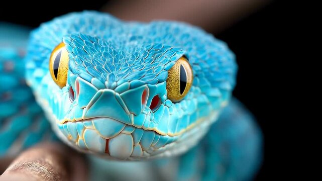 Blue Viper&rsquo;s Gaze: A mesmerizing close-up of a blue viper, its striking azure scales and intense stare captivating the viewer. 