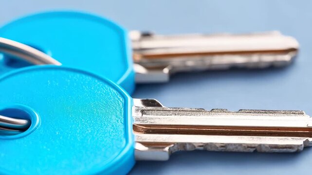 Keys Close-up: a pair of vibrant blue keys, meticulously captured in a close-up shot, symbolizing security, access, and new beginnings.