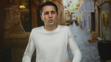 Obraz premium Young hispanic man wearing white shirt stands in a charming old town alley outdoors showcasing street life and culture.