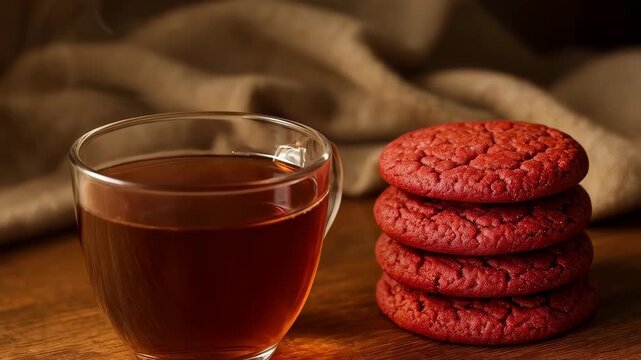 Cookies and Tea Delight: An inviting arrangement of fresh-baked red velvet cookies and a steaming cup of tea, exuding warmth and culinary contentment.