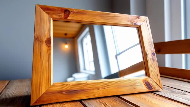 Mirror with Wooden Frame: A detailed image of an elegant wooden framed mirror, reflecting the ambient light and setting, resting gracefully upon a rustic wooden surface. 