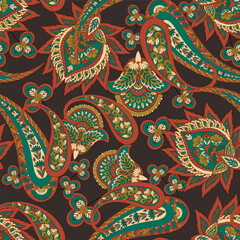 Madhubani, Kalamkari, Chinz, and Kani seamless vector pattern. Shirting fabric, Ajrakh and Ikat styles. Patola backdrop. Floral allover design