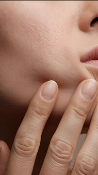 Close up of woman touching her tense jaw due to bruxism.