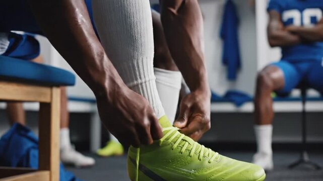 Closeup of a person tying their bright green cleats in a locker room with teammates in the background