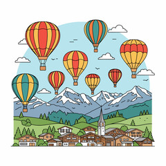 Obraz premium Colorful hot air balloons floating over a picturesque alpine village nestled among green hills and snow-capped mountains under a blue sky.