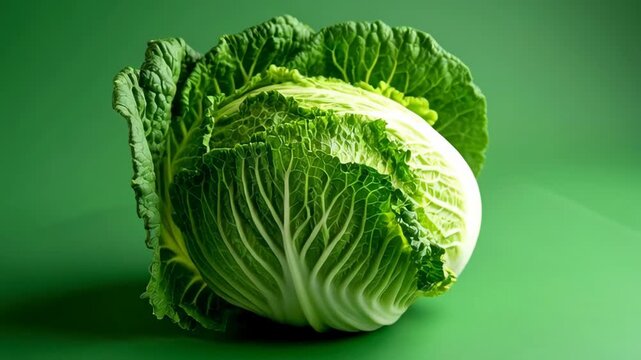 Fresh whole green cabbage on a plain green background, isolated ingredient