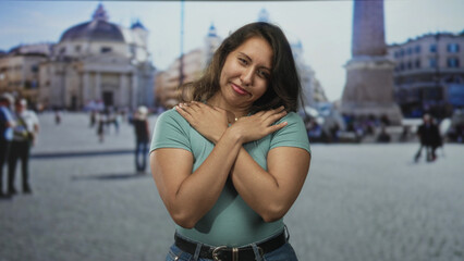 Fototapeta premium Woman hugging chest with crossed arms in building at the vatican piazza, st peter square; self love serenity.