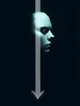 Surreal portrait symbolizing depression with downward lines and isolated human profile