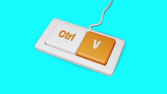 3D Animation of Copy Paste Keyboard Shortcut Ctrl and V Keys Pressing, Digital Workflow, Productivity and Computer Technology Concept on Blue Background