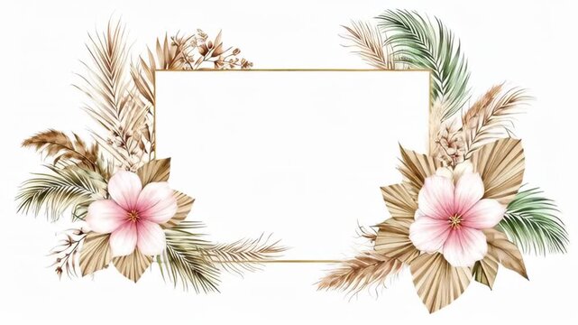 Bohemian Floral Frame with Palm Leaves and Pampas Grass in Watercolor
