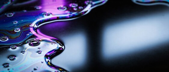 Iridescent oil slick on water surface with colorful swirls and bubbles