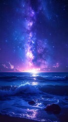 Night ocean scene with a vibrant milky way galaxy stretching to the horizon