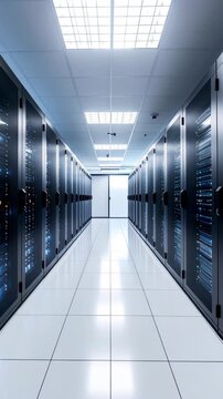Modern data center hallway with rows of illuminated server racks and tiled floor
