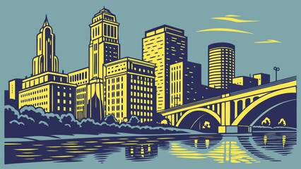 Obraz premium Minneapolis skyline featuring stone arch bridges amidst cityscape, perfect for travel blogs, city guides, urban websites, and architectural themes.