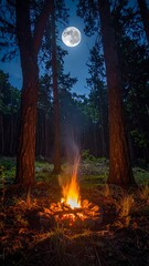 Night scene featuring campfire, glowing moon, and tall trees in a shadowy forest