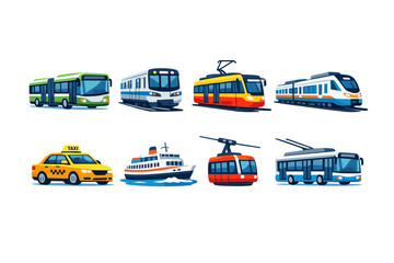 Urban transport vehicles flat style: city bus, subway train, tram car, commuter train, taxi cab, ferry boat, cable car, trolleybus