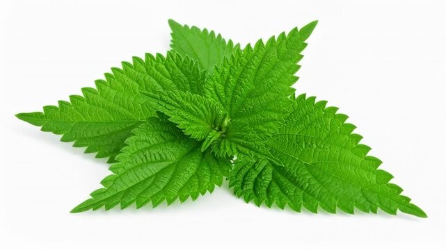 Vibrant green nettle leaves with serrated edges isolated on white background