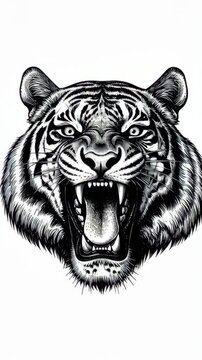 Intense Black and White Tiger Face Detailed Illustration with Fierce Expression