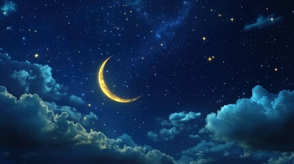 Crescent Moon Shining Brightly in Starry Night Sky with Clouds