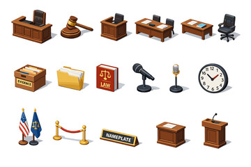 Courtroom and Legal Proceedings Items in isometric flat style: judge bench, gavel, sound block, witness stand, attorney table, chair, evidence box, document