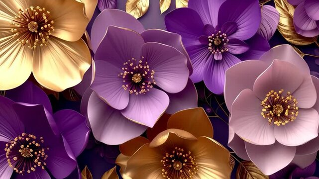 Exquisite floral composition featuring golden and purple blossoms with detailed stamen
