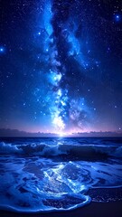 Night view of the ocean reflecting the starry sky with bright milky way display