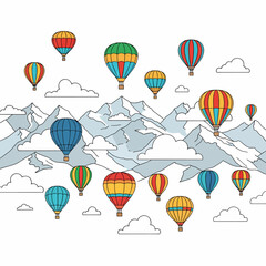 Obraz premium Colorful hot air balloons flying over a majestic mountain range with fluffy clouds.