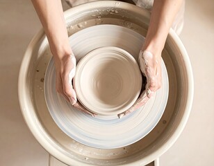 Overhead shot of hands molding a clay bowl on a spinning potter's wheel in soft light