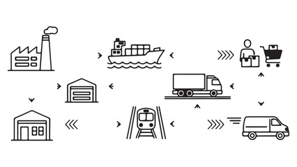 Obraz premium Black and White Outline Icons Illustrating Supply Chain Logistics Process