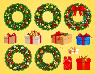 Nine Christmas elements three decorated wreaths and six gift boxes on a yellow background