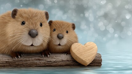 beaver mother and kit building a dam with a heart-shaped log, on a soft river blue and brown background