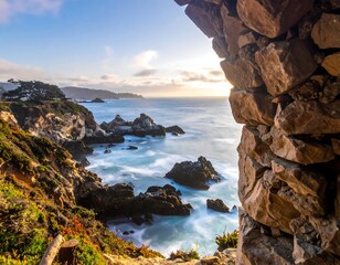 Ocean view framed by stone wall. Long exposure water. Cliffs, green vegetation and clear sky