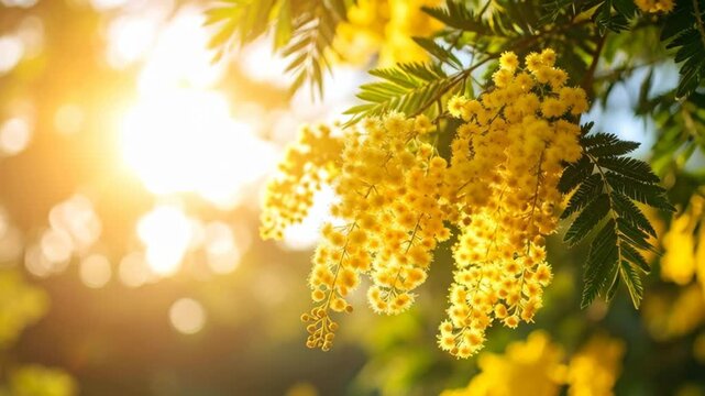 Golden mimosa blossoms illuminated by warm sunlight filtering through green leaves and bokeh