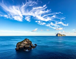 Ocean view with rock arch in foreground and larger island in background under clouds