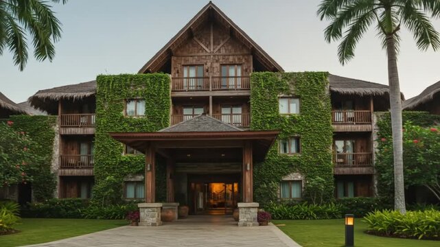 A lush multistory building with vines covering the fa&ccedil;ade a wooden entrance and palm trees on either side
