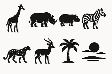 Fototapeta premium Silhouette collection of african wildlife and nature elements on white background