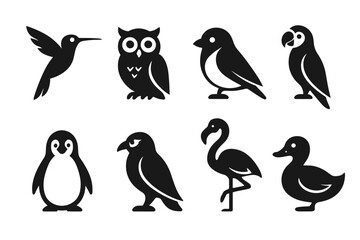 Obraz premium Silhouette bird icons: hummingbird, owl, parrot, and more in minimalist design