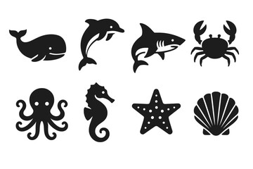 Obraz premium Silhouette marine life collection: whales, dolphins, sharks, and more