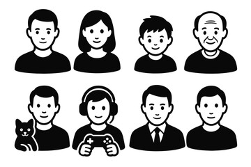 Silhouette faces set: diverse people and pets in bold icon style