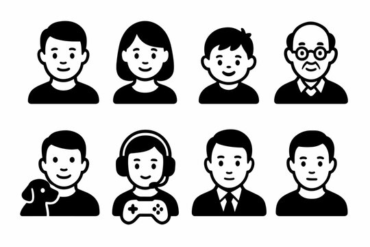 Simple black and white avatar set featuring diverse characters and activities