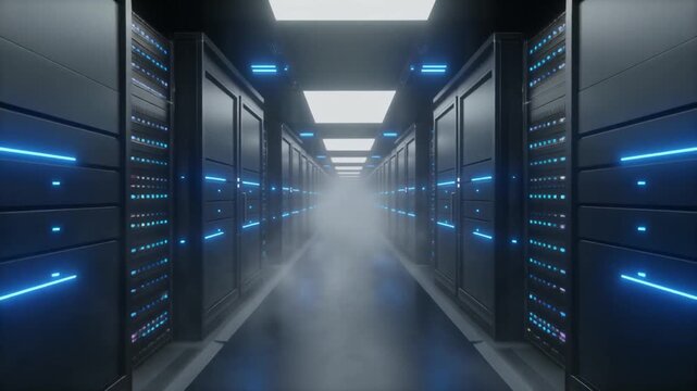 Clean Modern Data Center Corridor with Generic Server Racks, Cloud Infrastructure