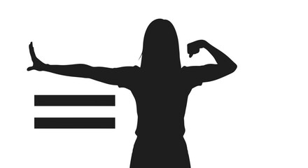 Silhouette of a strong woman flexing muscles next to equality symbol.