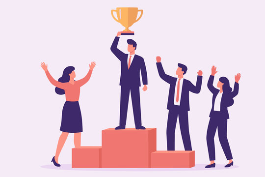 Business team celebrating success with leader on podium holding trophy