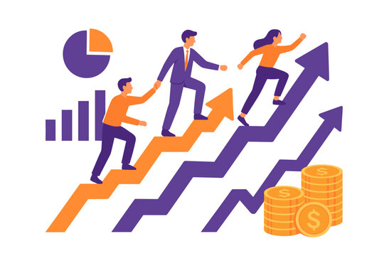 Teamwork and success: business people climbing arrows with growth charts and coins