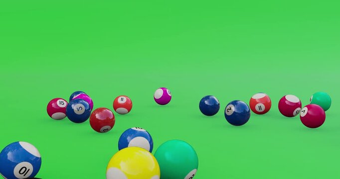 Billiard balls falling rolling on green screen chroma key