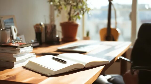 minimalist laptop desk with cup of espresso and open notebook, warm natural light