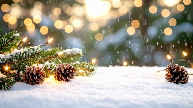Festive evergreen branch covered in snow with pinecones and bokeh lights falling.